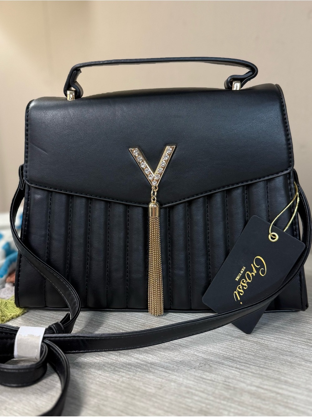 NWT Classic Quilted Gold Tassel Satchel Handbag by Crossi New York